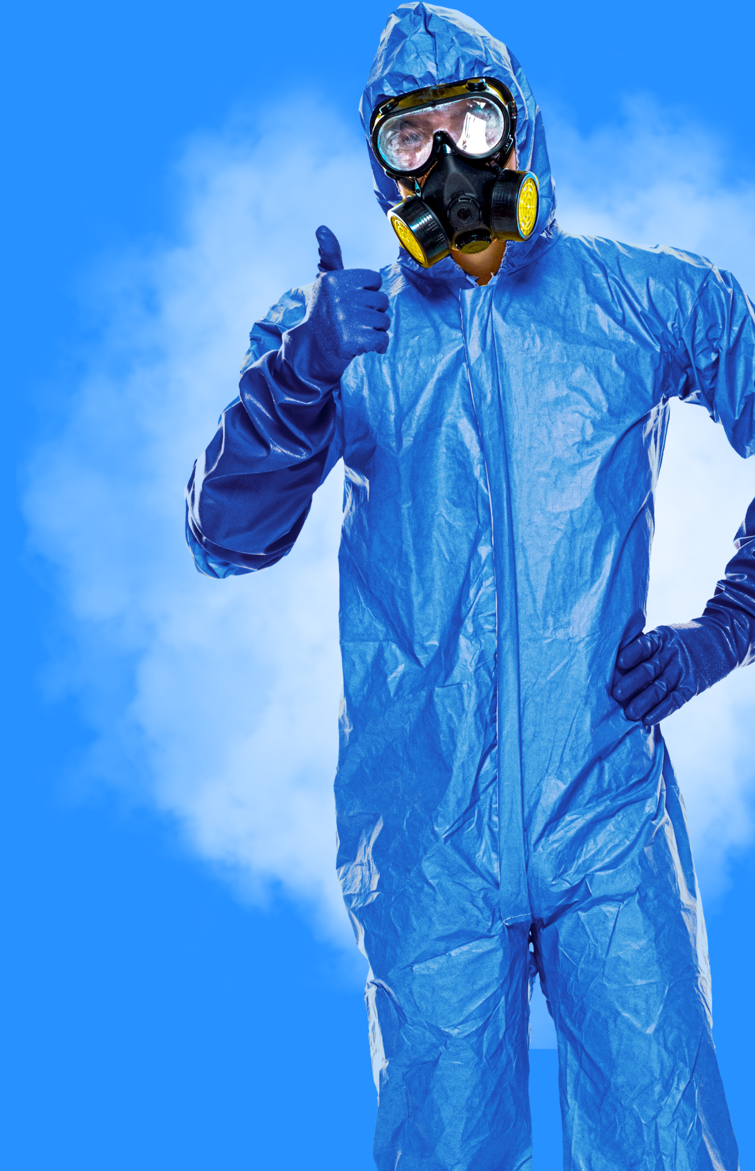 man in a hazmat suit giving a thumbs up